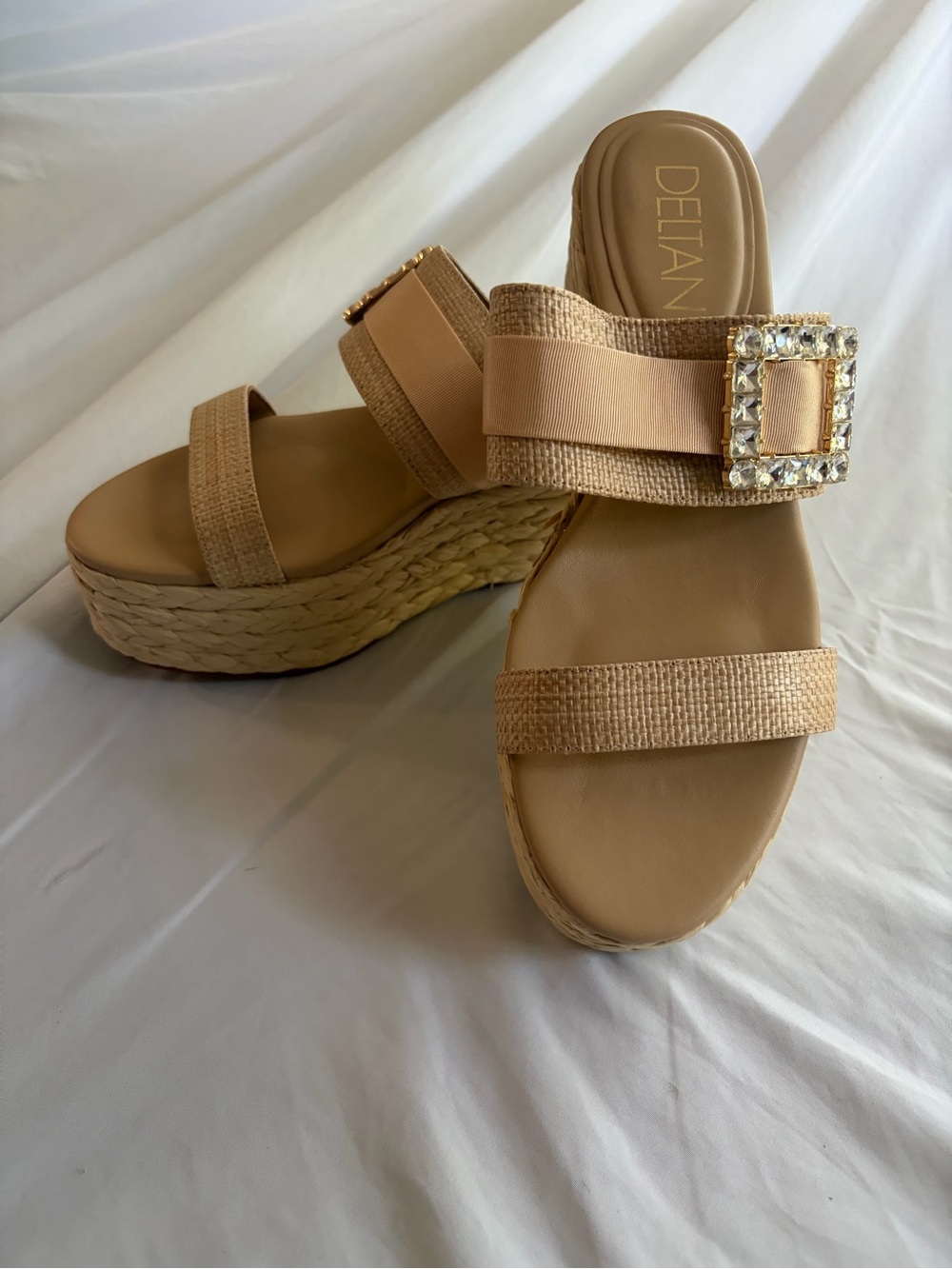 Delman Tan Espadrille Platform Slide Sandals with Crystal Buckle
